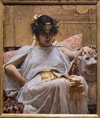 Una pintura de Cleopatra sentada en un trono.
