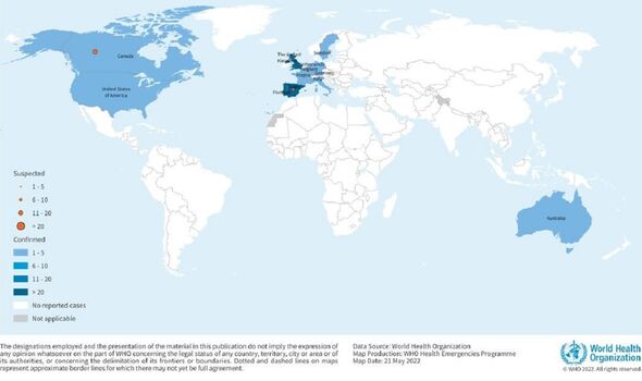 El mapa de la OMS de los casos de viruela del simio de la semana pasada