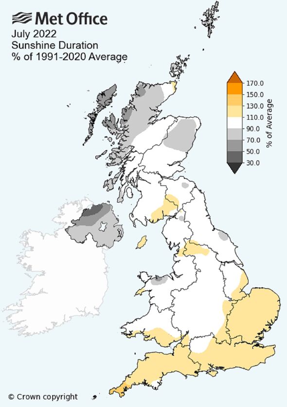 Un mapa de la duración del sol en el Reino Unido en julio de 2022