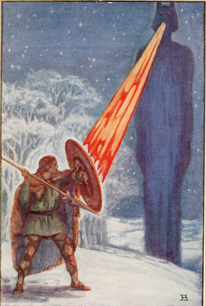   Fionn luchando contra Aillen, ilustración de Beatrice Elvery en Heroes of the Dawn de Violet Russell (1914).  Crédito de la imagen: Héroes del amanecer - Dominio público