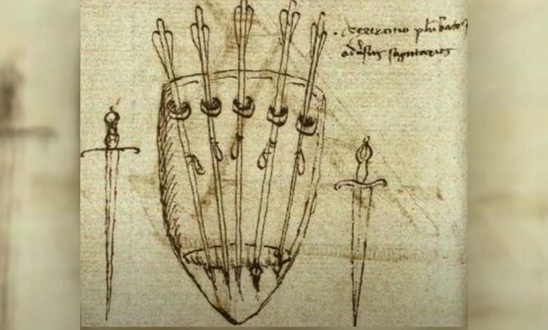 Sketch of Medieval shield and throwing darts. Source: YouTube Screenshot / Tod’s Workshop.