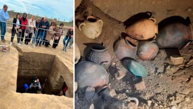 Left; Archaeologists at the opening of the Etruscan tomb dating back to the 7th century BC at the Osteria necropolis in Vulci, Italy.  Right; Artifacts in the tomb. Source: Municipality of Montalto di Castro
