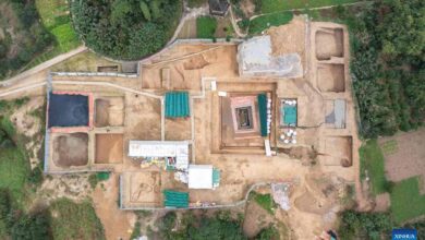 Aerial photo taken on Dec. 5, 2023 showing the archaeological site of a tomb dating back to the Western Han Dynasty (202 BC-25 AD) in Wulong District of southwest China's Chongqing Municipality.	Source: Chongqing Cultural Relics and Archaeology Research Institute/ Xinhua News