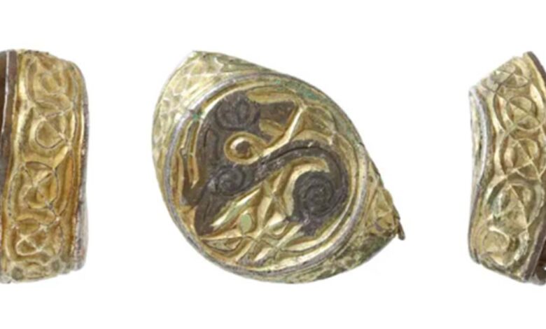 Exquisito artefacto anglosajón dorado en plata desenterrado desconcierta a los expertos 1 The intricate Anglo- Saxon artifact has a diameter of only 19.4mm (0.7 in) and features a depiction of an animal at the top, most probably a horse. Source: ANDREW WILLIAMS/NORFOLK COUNTY COUNCIL