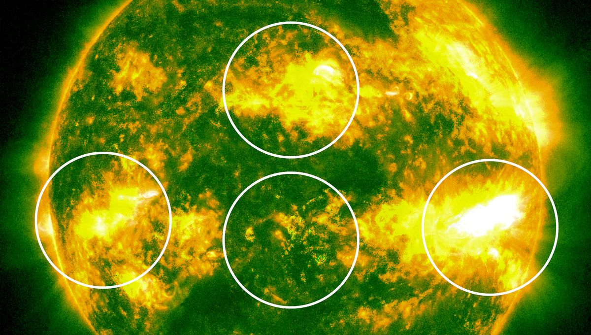 Se ven cuatro regiones del sol explotando simultáneamente 6 Se ven cuatro regiones del sol explotando simultáneamente